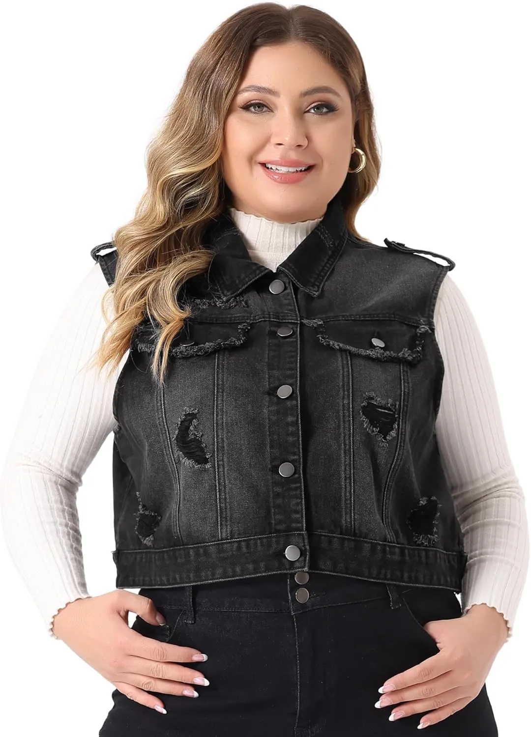 Agnes Orinda Plus Size Denim Vest for Women Sleeveless Button Jean Crop Denim Jacket Vest