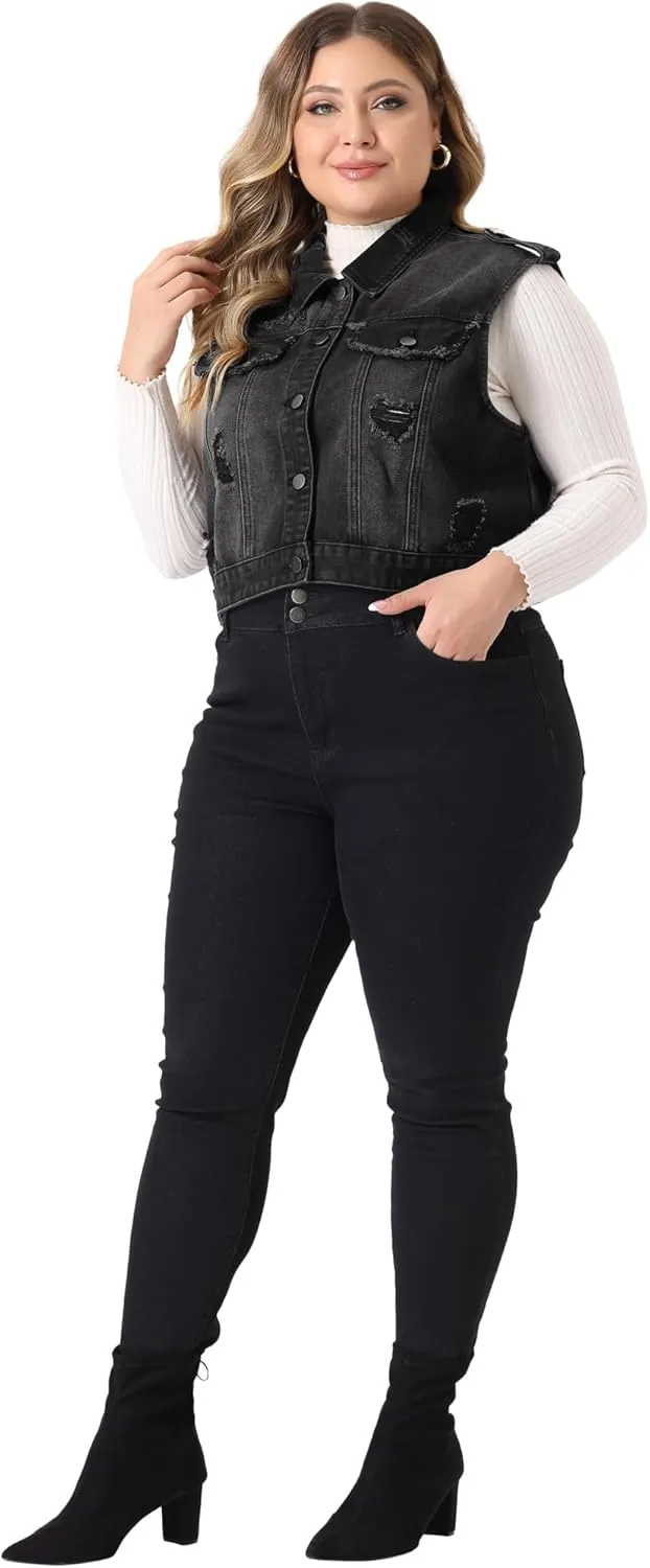 Agnes Orinda Plus Size Denim Vest for Women Sleeveless Button Jean Crop Denim Jacket Vest