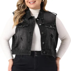 Agnes Orinda Plus Size Denim Vest for Women Sleeveless Button Jean Crop Denim Jacket Vest