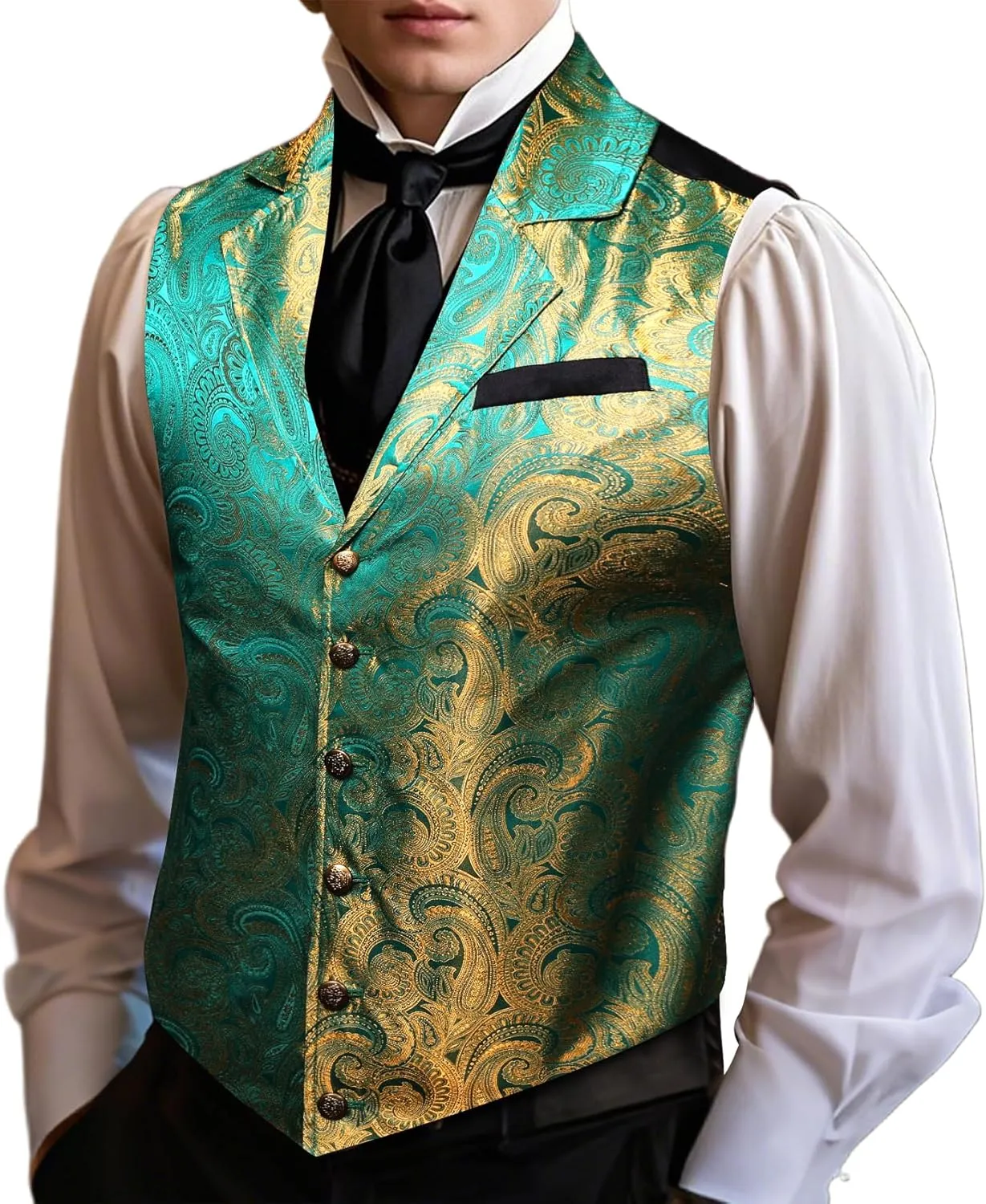 Barry.Wang Mens Victorian Vest Steampunk Gothic Paisley Tailored Collar Waistcoat Halloween Themed Party