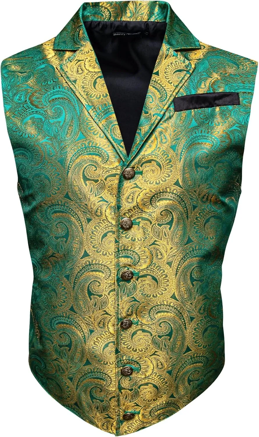 Barry.Wang Mens Victorian Vest Steampunk Gothic Paisley Tailored Collar Waistcoat Halloween Themed Party