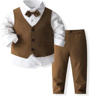 Boys 3Pcs Clothing Sets Cotton Long Sleeve Bowtie Shirts  Vest  Pants Casual Suit