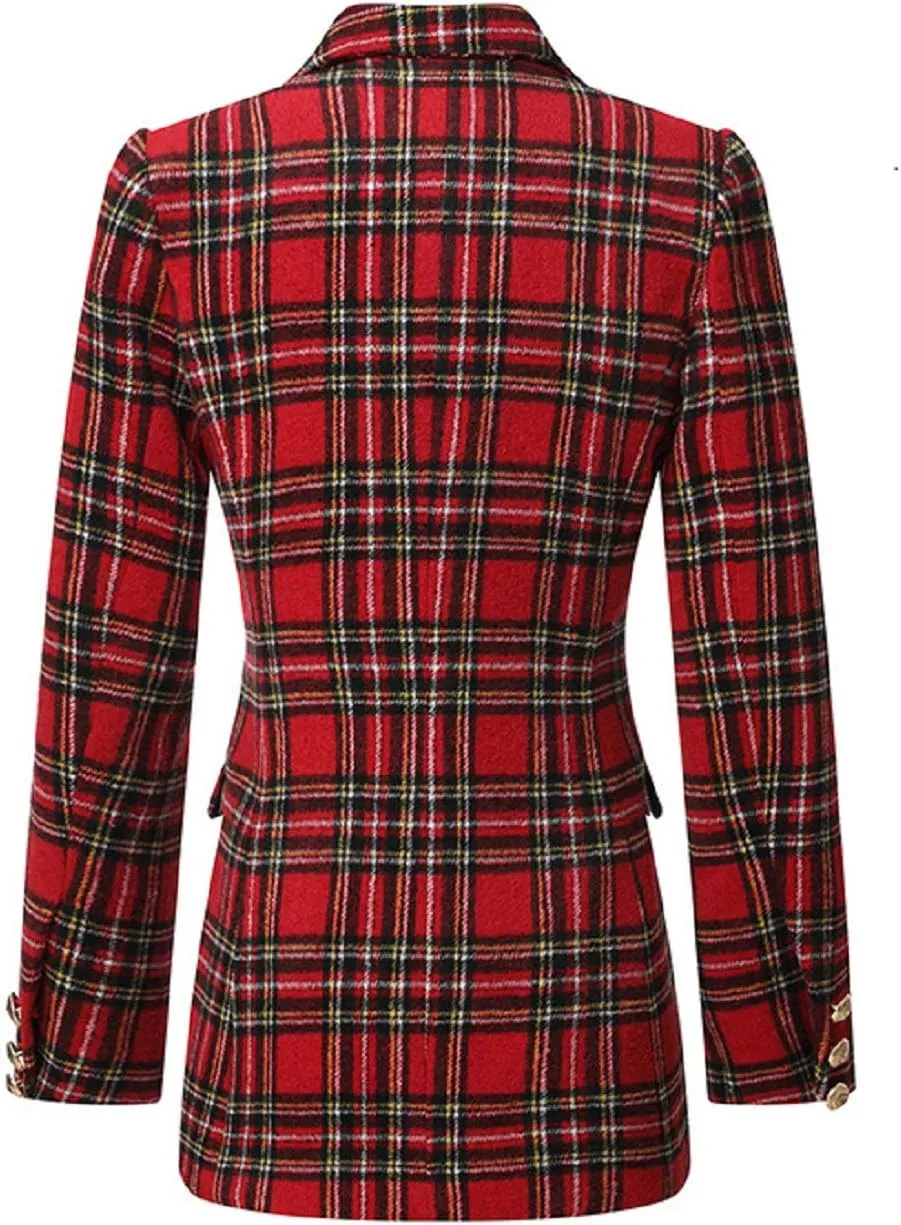 CHARTOU Women's Tailored Collar Slim Plaid Double Breasted Short Blazer Jacket