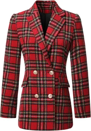 CHARTOU Women's Tailored Collar Slim Plaid Double Breasted Short Blazer Jacket