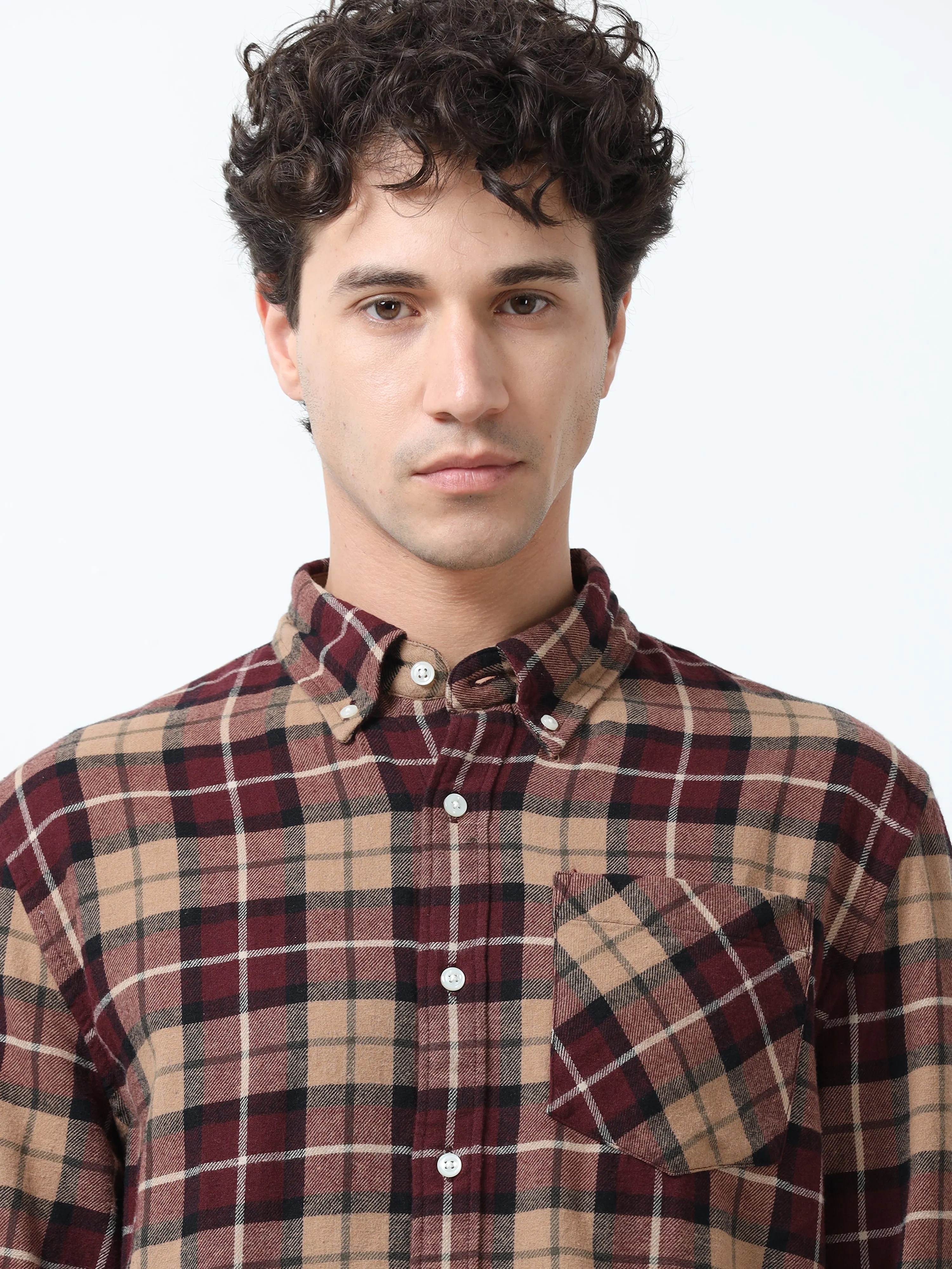 Clio - Brushed Checkered Shirt - Khaki Red