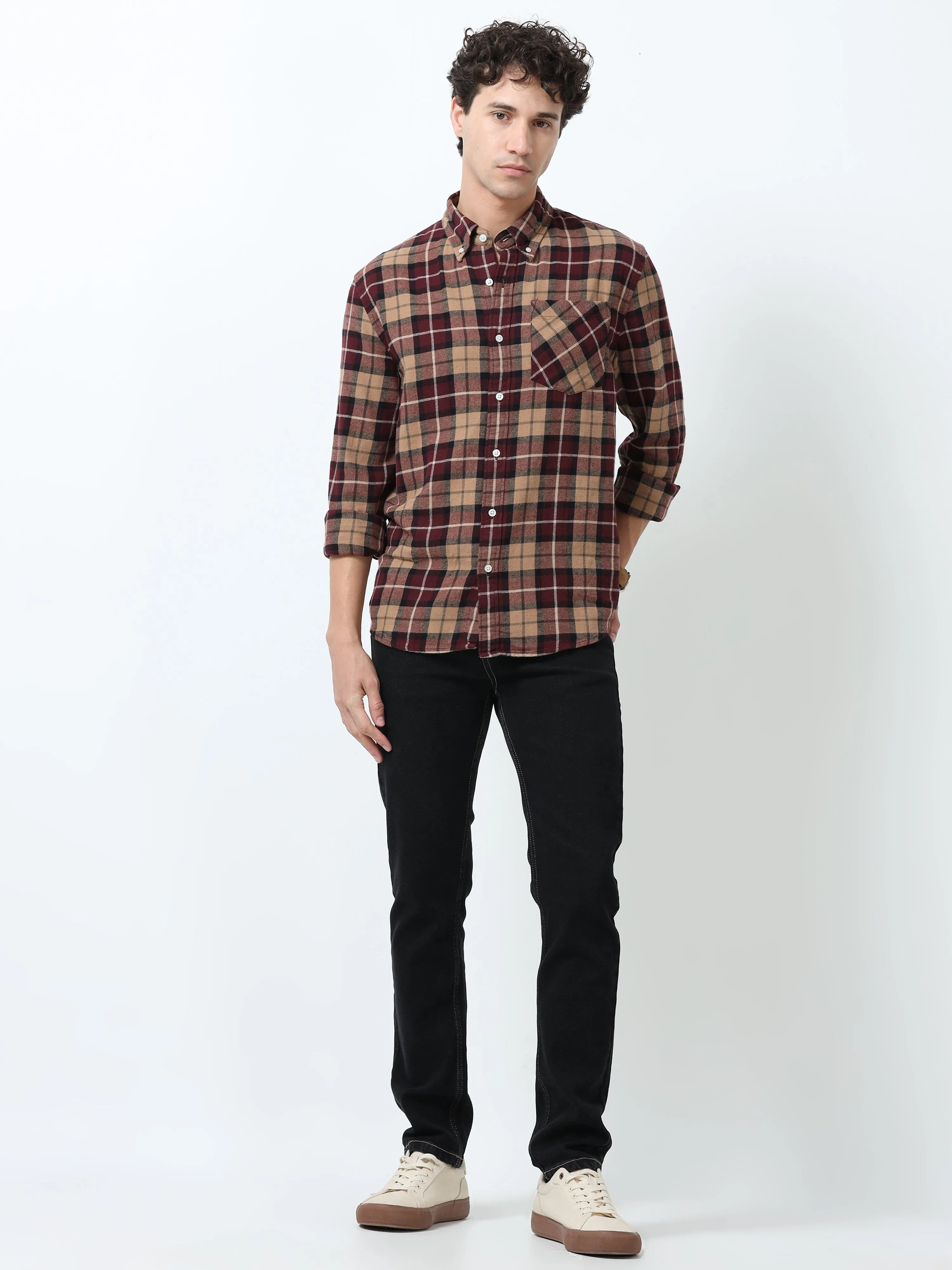 Clio - Brushed Checkered Shirt - Khaki Red