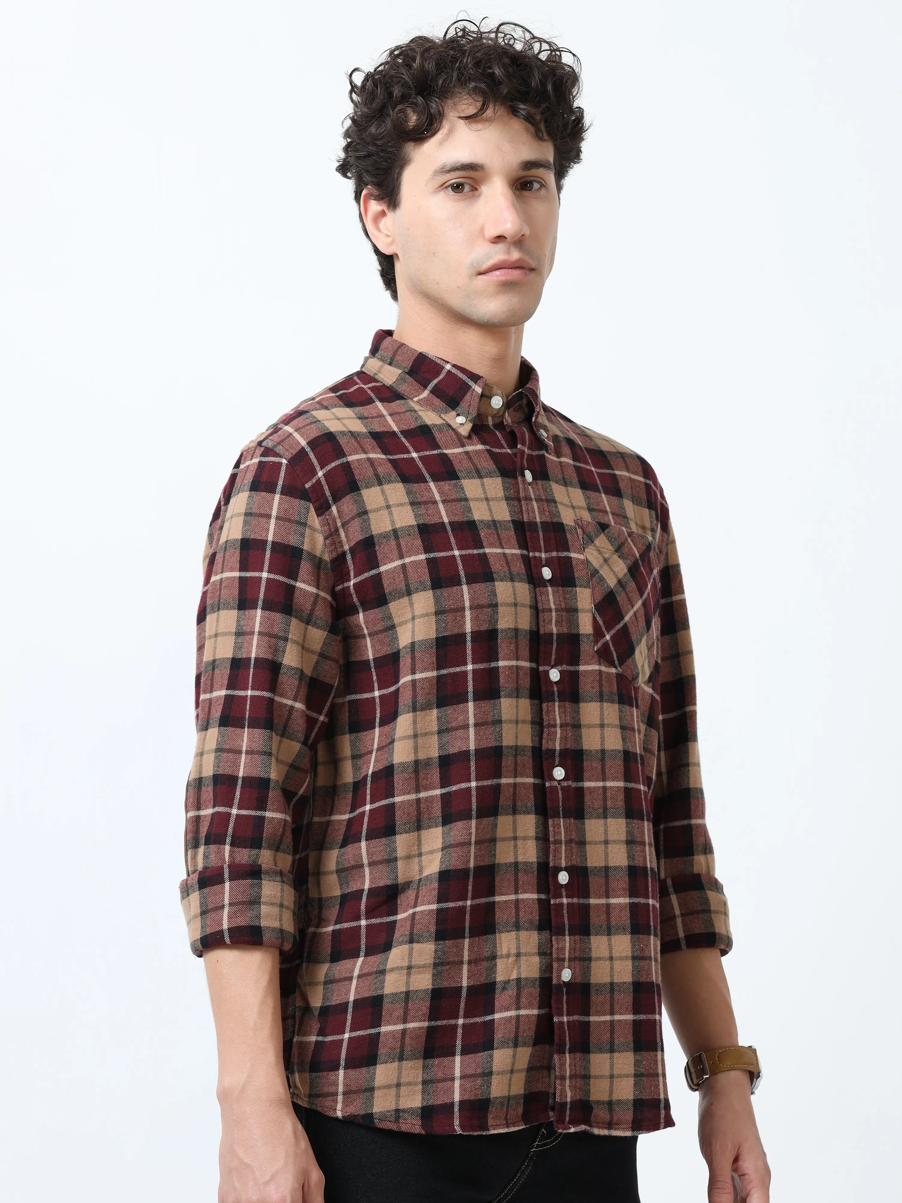 Clio - Brushed Checkered Shirt - Khaki Red