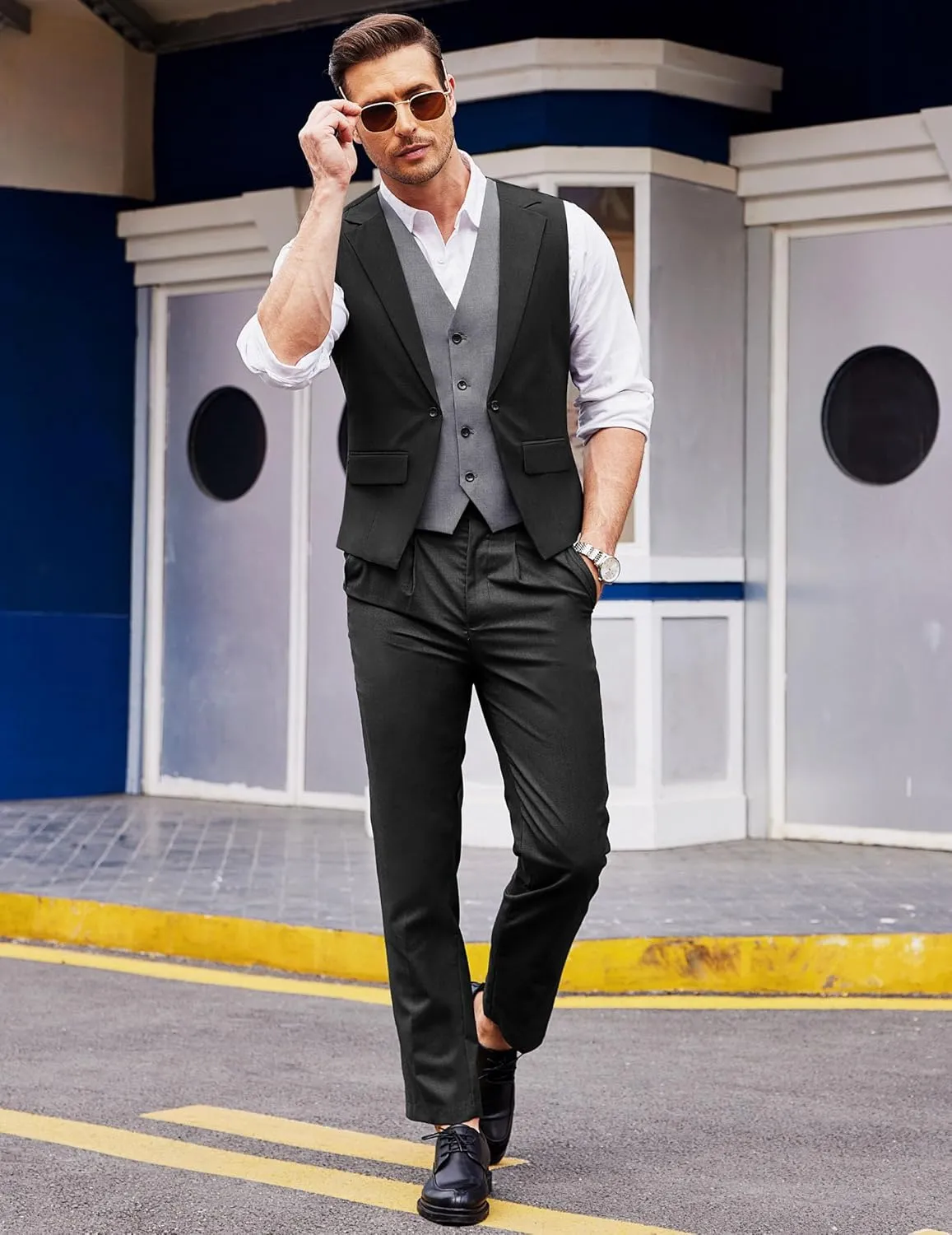 COOFANDY Men's Layered Suit Vest Business Dress Vests Formal Wedding Waistcoat Slim Fit