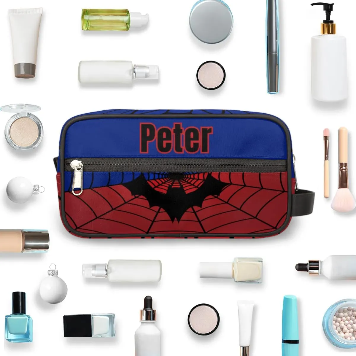 Custom Blue Spider Web Makeup Bag Travel Toiletry Bag for Women, Kids Toiletry Bag Cosmetic Waterproof Small Easy-carry Bat