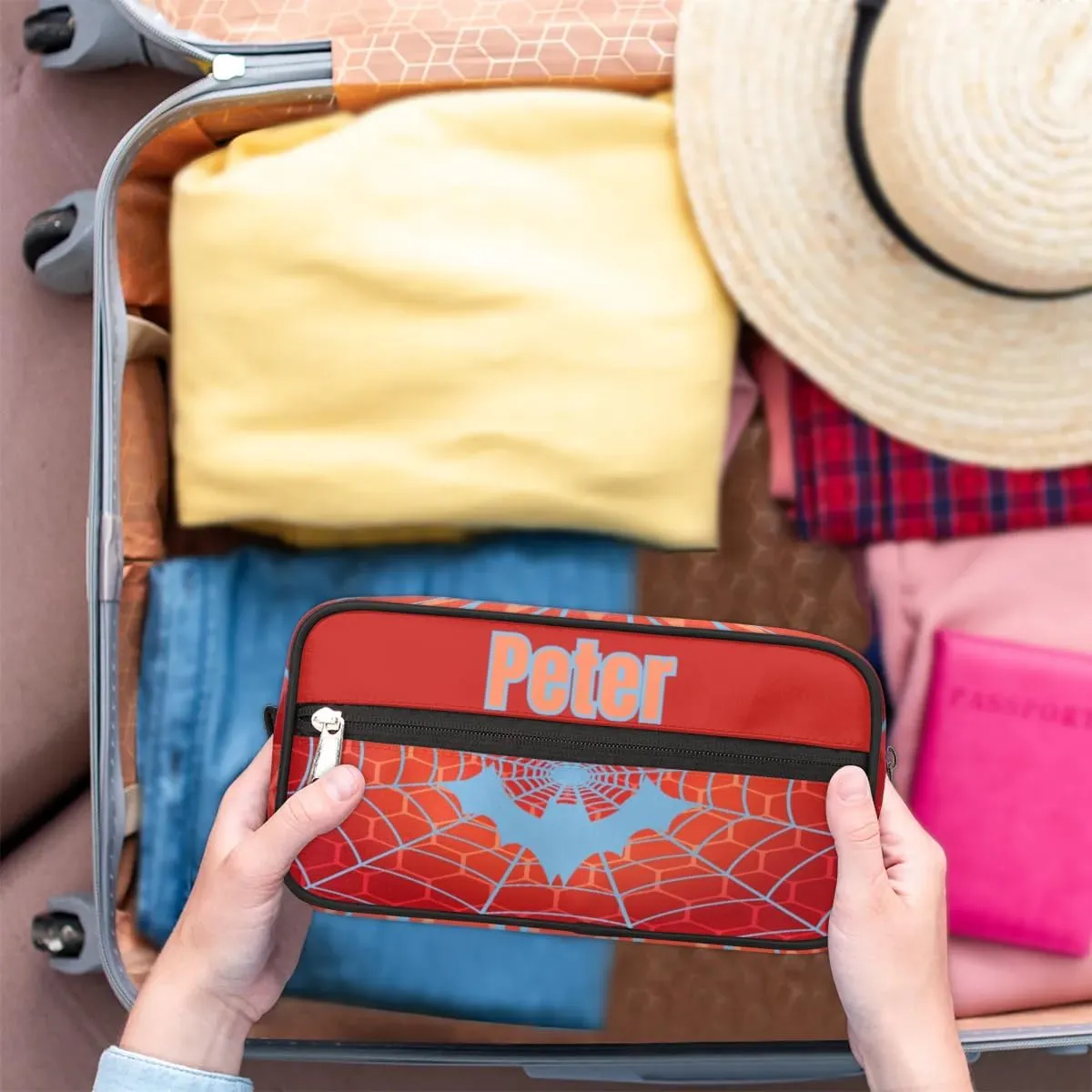 Custom Orange Spider Web Makeup Bag Travel Toiletry Bag for Women, Kids Toiletry Bag Cosmetic Waterproof Small Easy-carry Bat