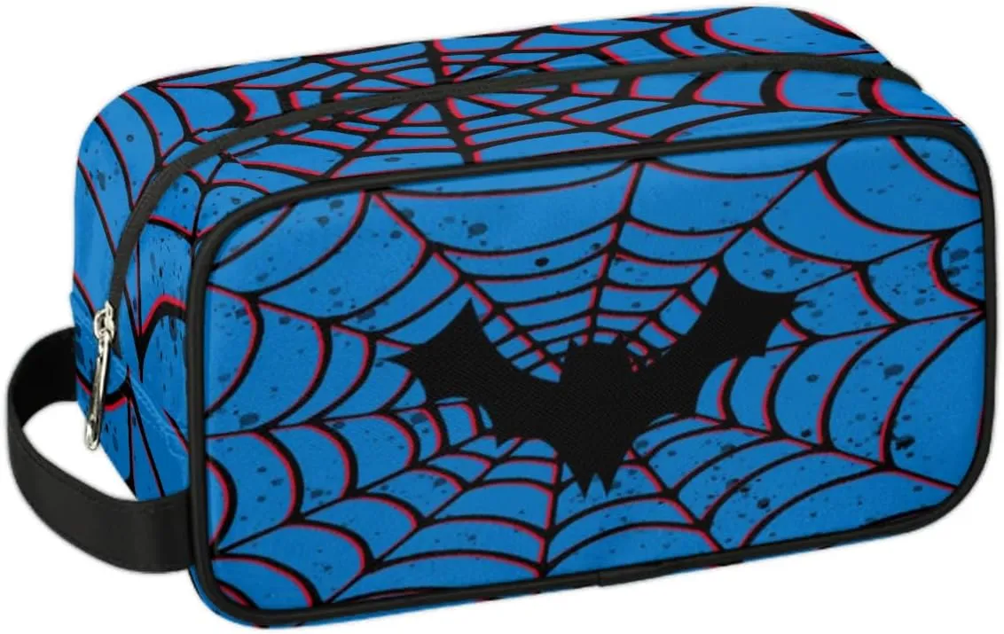 Custom Red Blue Spider Web Makeup Bag Travel Toiletry Bag for Women, Kids Toiletry Bag Cosmetic Waterproof Small Easy-carry Bat