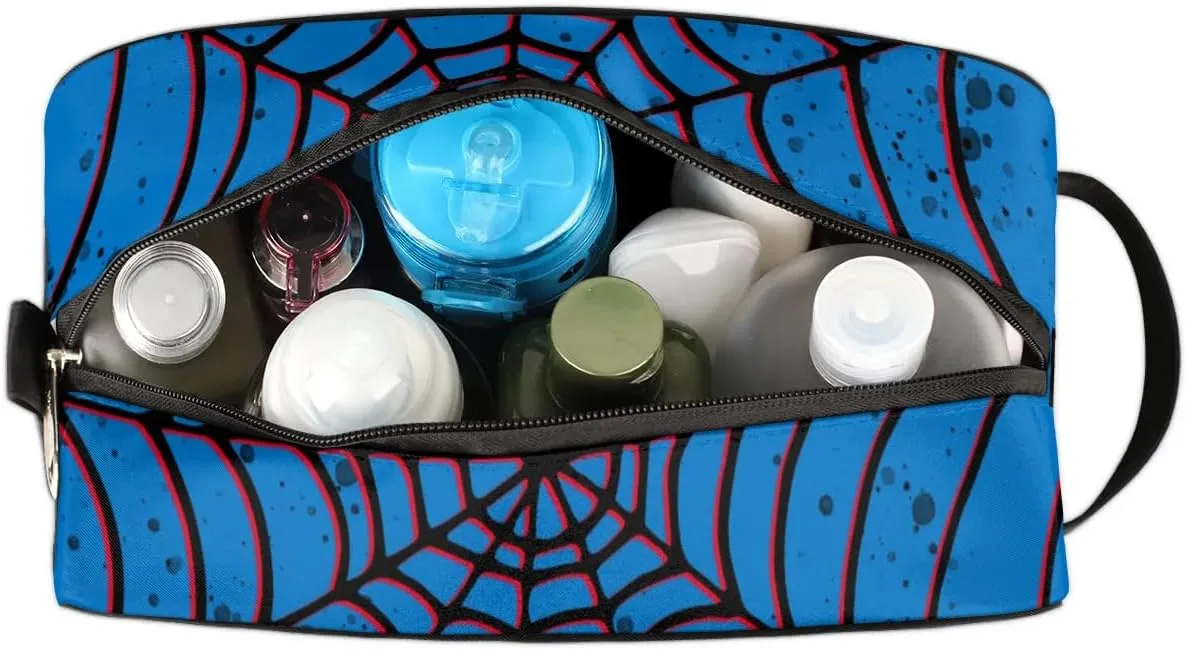 Custom Red Blue Spider Web Makeup Bag Travel Toiletry Bag for Women, Kids Toiletry Bag Cosmetic Waterproof Small Easy-carry Bat