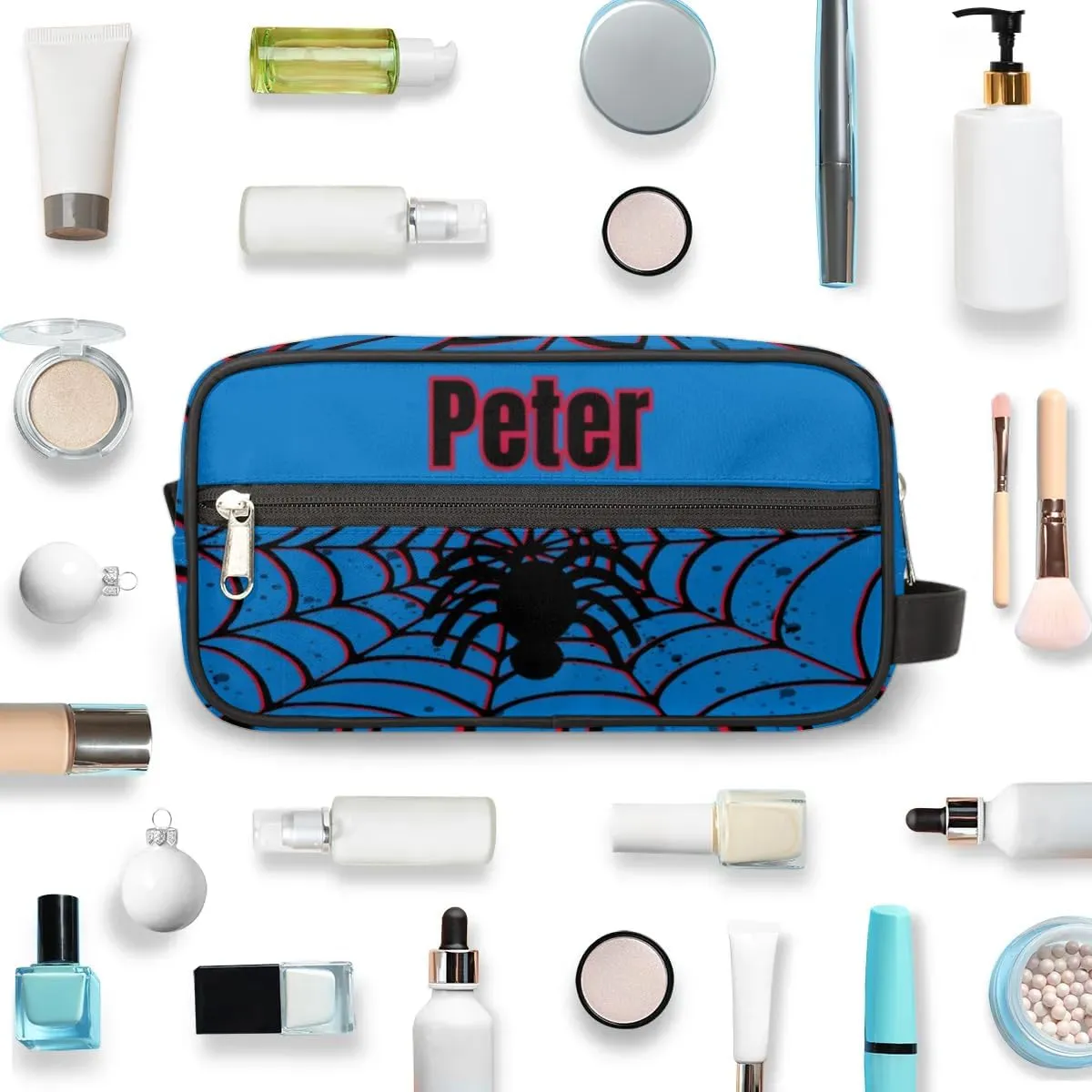 Custom Red Blue Spider Web Makeup Bag Travel Toiletry Bag for Women, Kids Toiletry Bag Cosmetic Waterproof Small Easy-carry Spider
