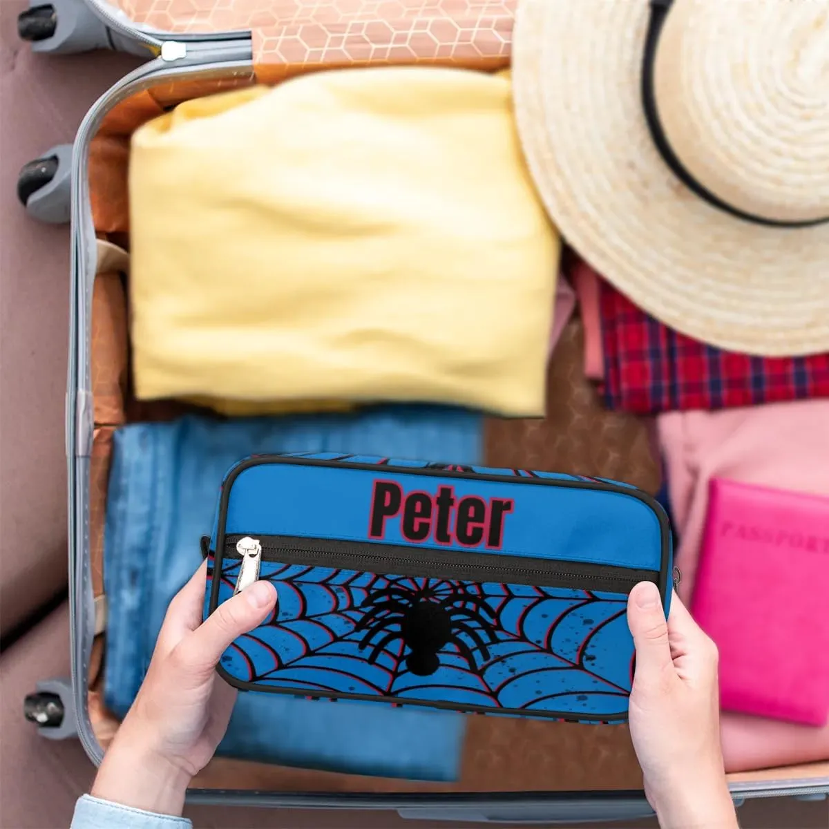 Custom Red Blue Spider Web Makeup Bag Travel Toiletry Bag for Women, Kids Toiletry Bag Cosmetic Waterproof Small Easy-carry Spider