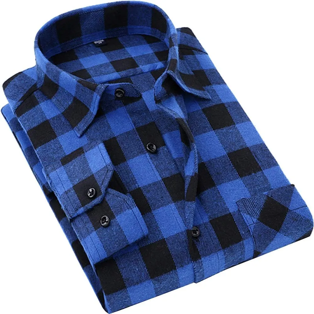 DOKKIA Men's Casual Dress Long Sleeve Buffalo Plaid Checkered Fitted Flannel Shirt