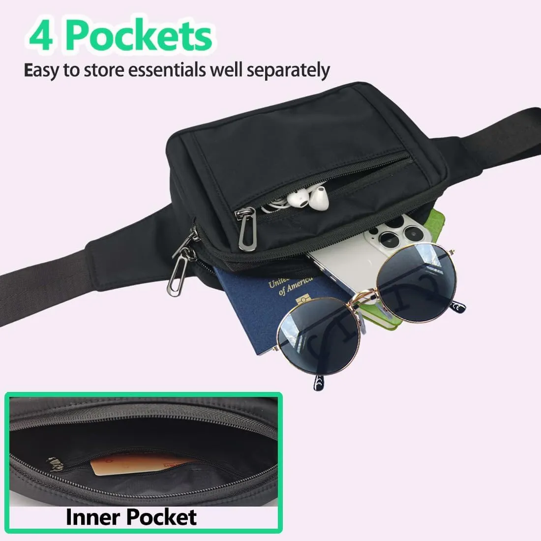 Fanny Packs for Women,Fashionable Crossbody Belt Bags Waist Pack for Teen Girls,Bum Hip Bag for Travel Hiking Cycling Running,Easy Carry Any Phone,Wallet (Black)