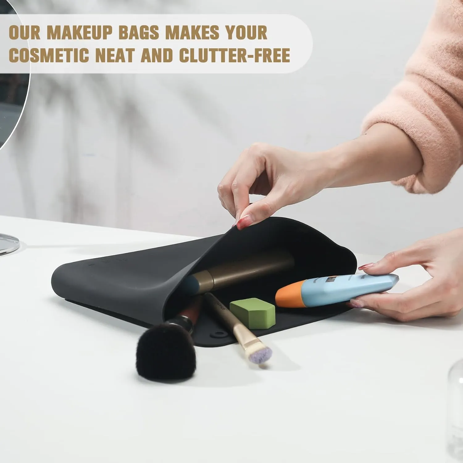 FERYES Silicone Makeup Bag, Premium Travel Toiletry Bag for Women, Easy Carry Cosmetic Bag for Makeup, Beauty Tools, and Brushes -Black