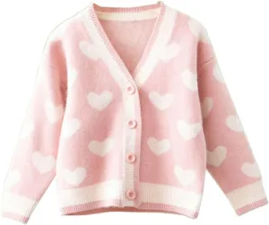 FindThy Girls Heart Print Cute Cardigan Long Sleeve V Neck Brushed Sweater Kawaii Cardigan Coat