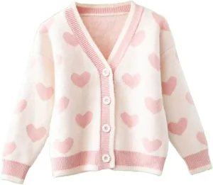 FindThy Girls Heart Print Cute Cardigan Long Sleeve V Neck Brushed Sweater Kawaii Cardigan Coat