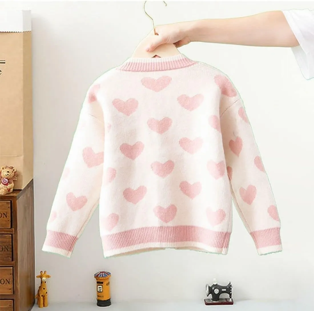 FindThy Girls Heart Print Cute Cardigan Long Sleeve V Neck Brushed Sweater Kawaii Cardigan Coat