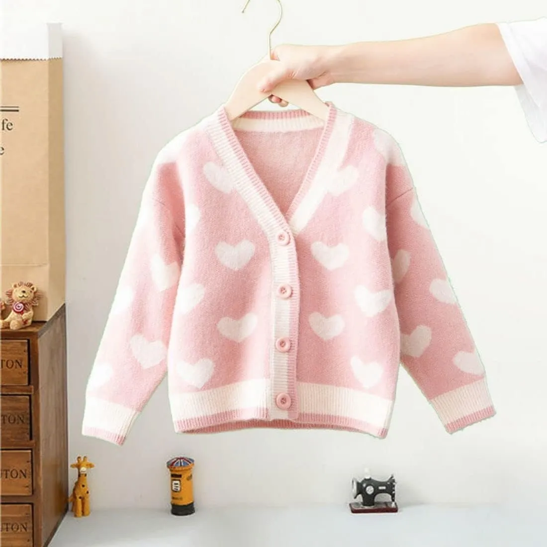 FindThy Girls Heart Print Cute Cardigan Long Sleeve V Neck Brushed Sweater Kawaii Cardigan Coat