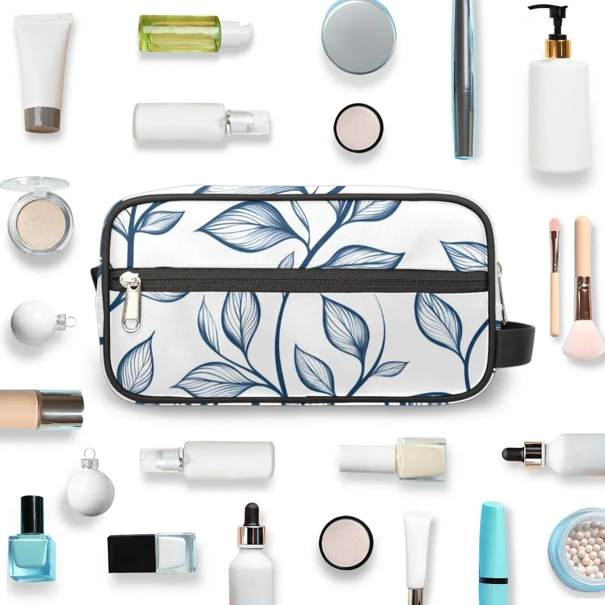 Floral Blue Makeup Bag Travel Toiletry Bag for Woman, Girls Kids Toiletry Bag Cosmetic Waterproof Small Easy-carry