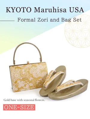 Formal Zori Sandals and Bag Set for TEA ceremony【Gold base with seasonal flowers / ONE-SIZE】