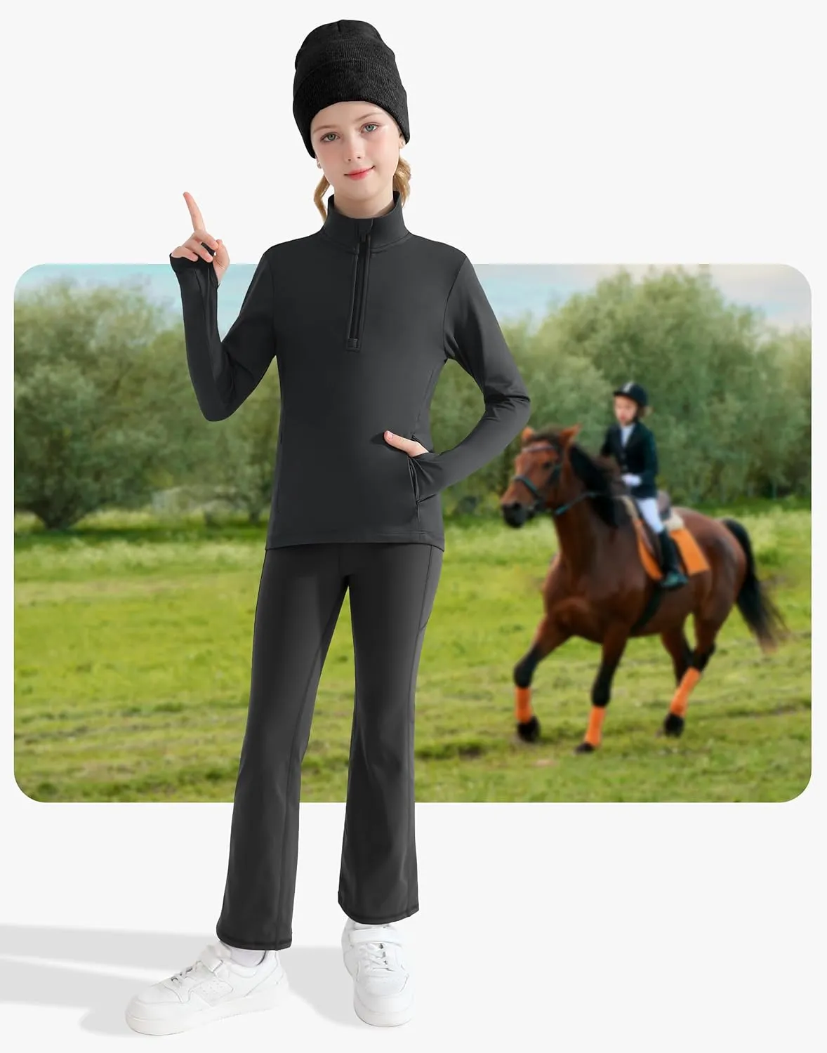 Girls Equestrian Horse Riding Shirts - Long Sleeve Fleece Winter Quarter Zip Pullover Ice Skating Jacket Sweatshirts