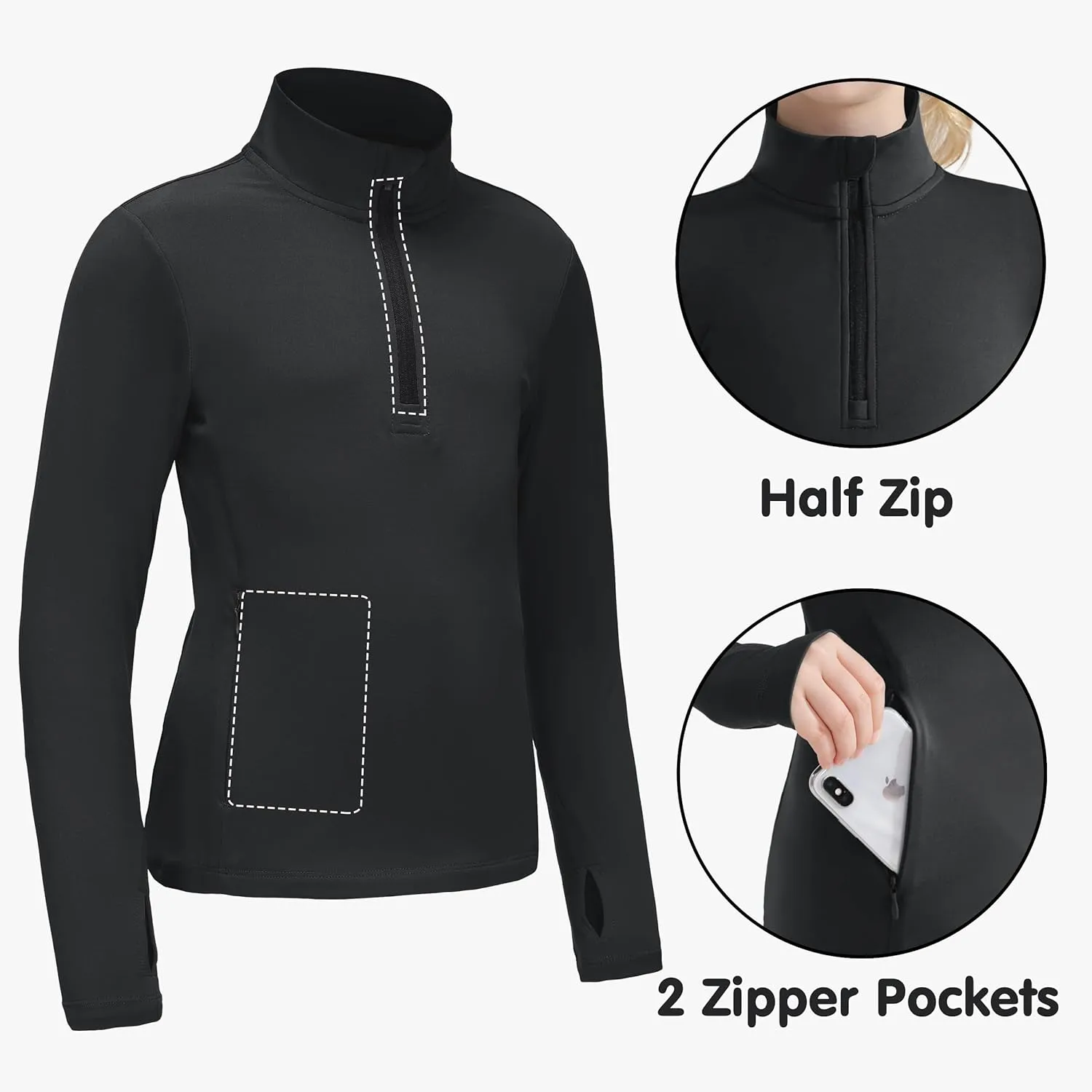 Girls Equestrian Horse Riding Shirts - Long Sleeve Fleece Winter Quarter Zip Pullover Ice Skating Jacket Sweatshirts