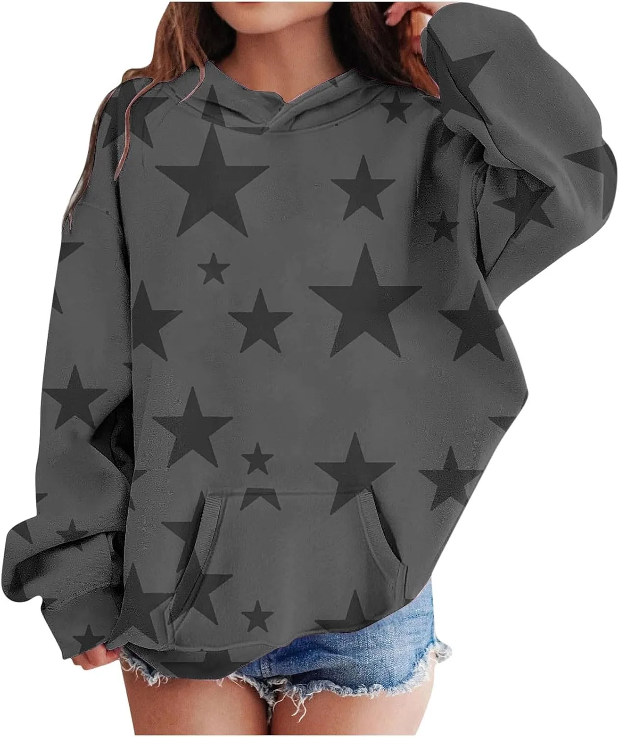 Girlss sweatshirts Cute Hoodies for Tween Girls Long Sleeve Star Graphic Oversized Sweatshirts Cute Fall Pullover Tops Comfy Winter Outfits Dark Gray 110