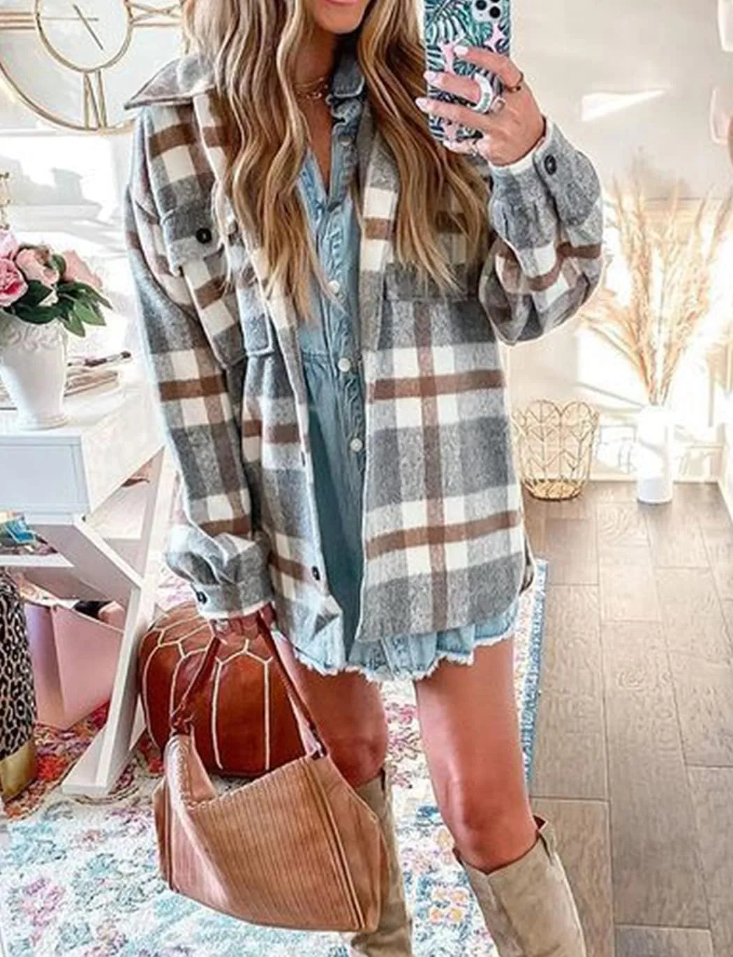Haellun Womens Wool Blend Plaid Flannel Button Down Shirts Jacket Shacket Coats