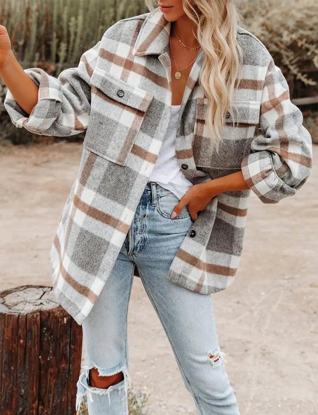 Haellun Womens Wool Blend Plaid Flannel Button Down Shirts Jacket Shacket Coats