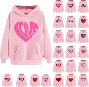 Heart Graphic Hoodies for Women Cute Long Sleeve Valentines Sweatshirts Trendy Comfy Hooded Pullover with Pockets