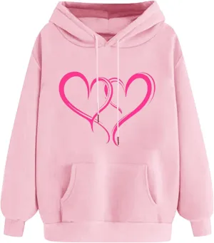 Heart Graphic Hoodies for Women Cute Long Sleeve Valentines Sweatshirts Trendy Comfy Hooded Pullover with Pockets