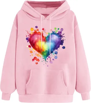 Heart Graphic Hoodies for Women Cute Long Sleeve Valentines Sweatshirts Trendy Comfy Hooded Pullover with Pockets