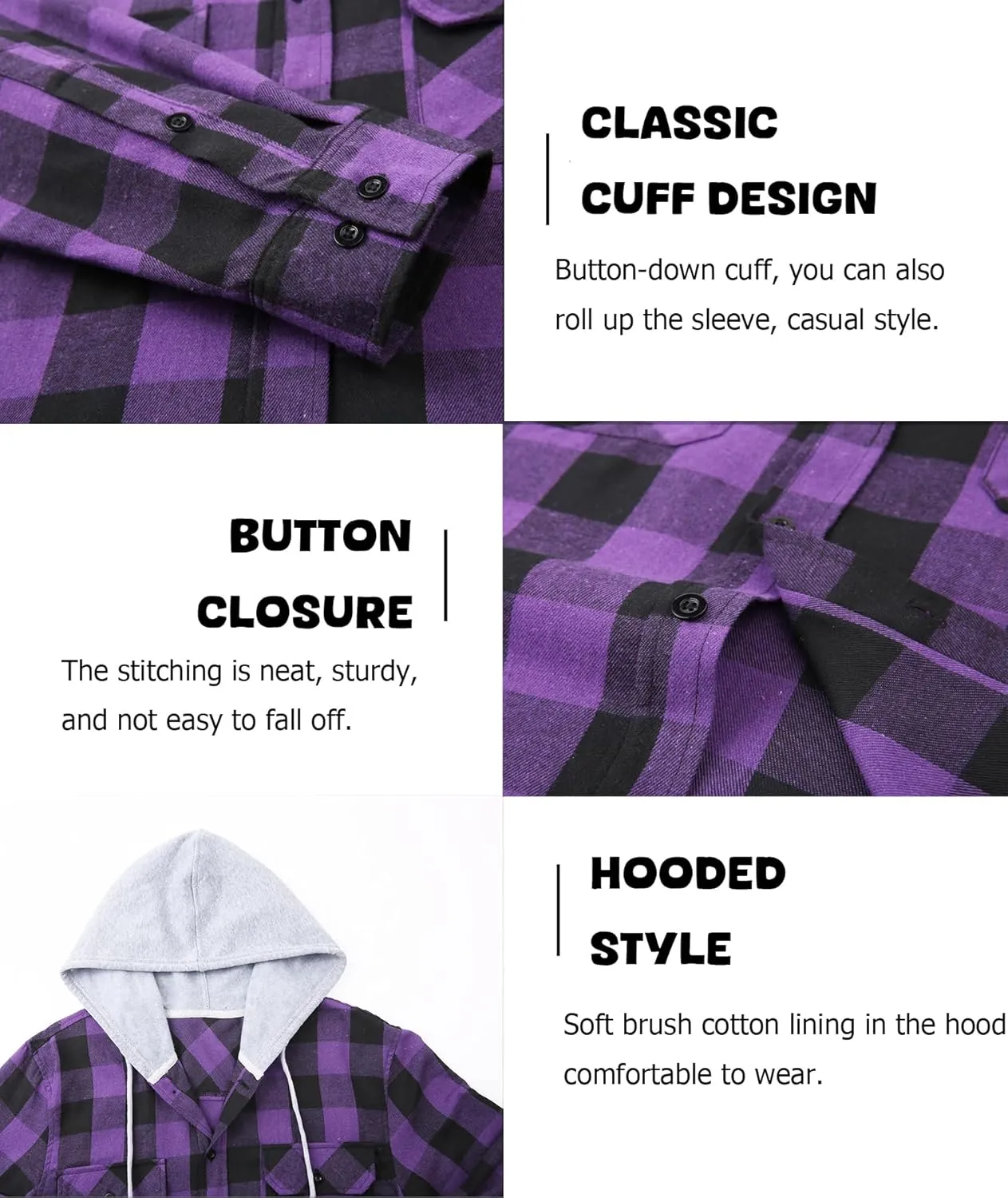 Hooded Flannel Shirt for Men, Lightweight Flannel Jacket Long Sleeve Plaid Causal Button Down Shirts with Pocket