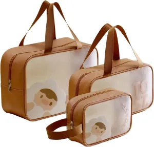 LAKSMI 3 Pack Cartoon Travel Toiletry Bag, Waterproof Quart Size Makeup Cosmetic Bag, TSA Approved Translucent Bag for Vacation, Perfect for Essentials Organizer, Easy Carry with Handle, Brown