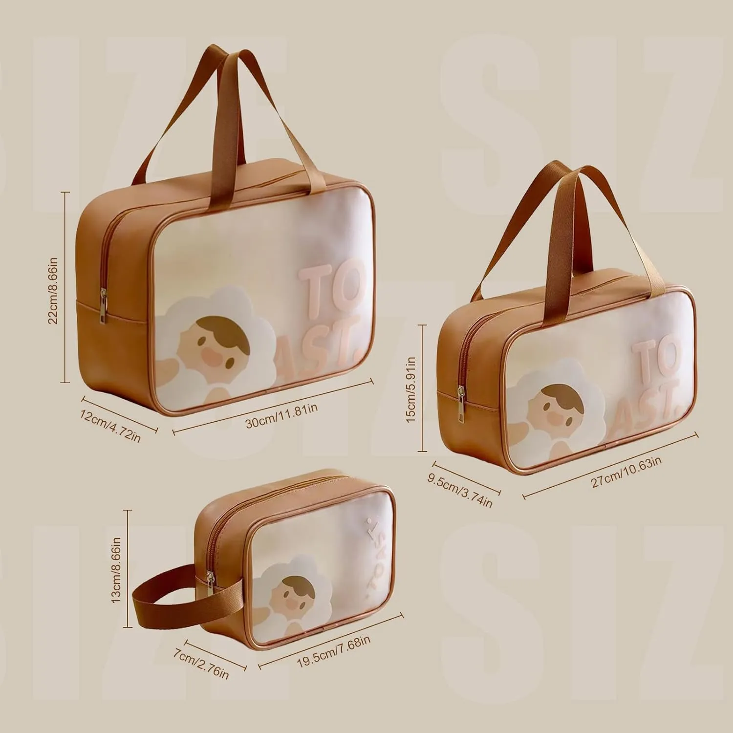 LAKSMI 3 Pack Cartoon Travel Toiletry Bag, Waterproof Quart Size Makeup Cosmetic Bag, TSA Approved Translucent Bag for Vacation, Perfect for Essentials Organizer, Easy Carry with Handle, Brown