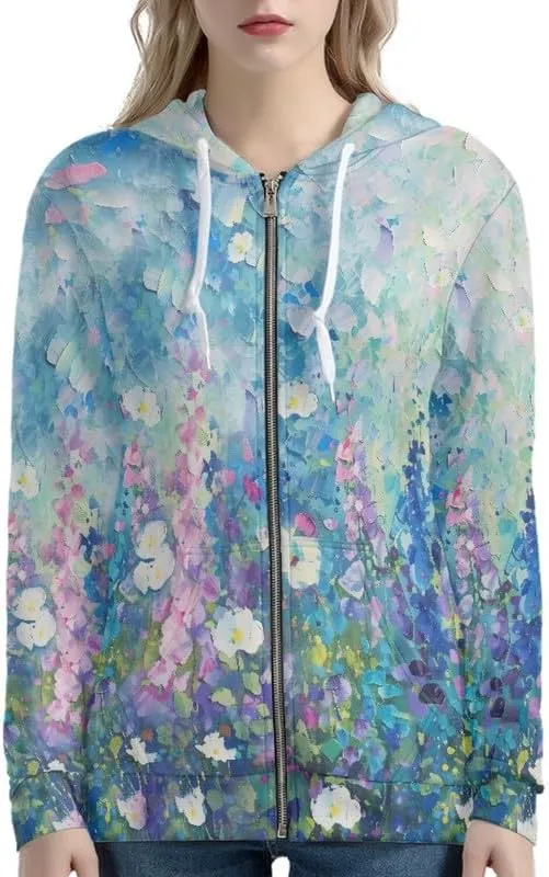 Lavender Flower Women's Zip Up Hoodies Cherry Blossom Casual Comfy Pullover Spider Webs Long Sleeve Sweatshirt