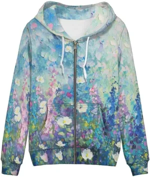 Lavender Flower Women's Zip Up Hoodies Cherry Blossom Casual Comfy Pullover Spider Webs Long Sleeve Sweatshirt