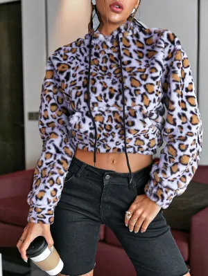 Leopard Print Drawstring Cropped Fleece Hoodie