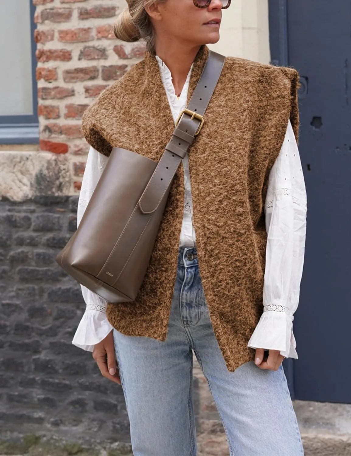 Lviefent Womens Brushed Vest Faux Fur Cap Sleeve Open Front Gilet Sleeveless Jacket Outwear with Pockets