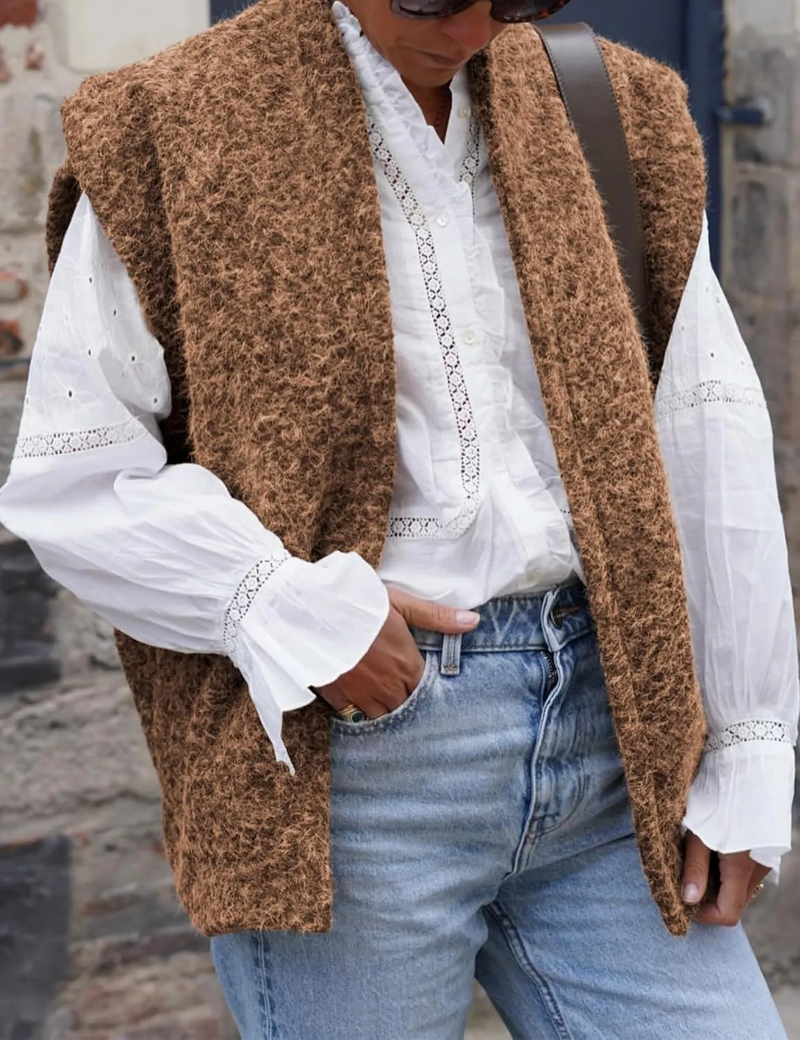Lviefent Womens Brushed Vest Faux Fur Cap Sleeve Open Front Gilet Sleeveless Jacket Outwear with Pockets