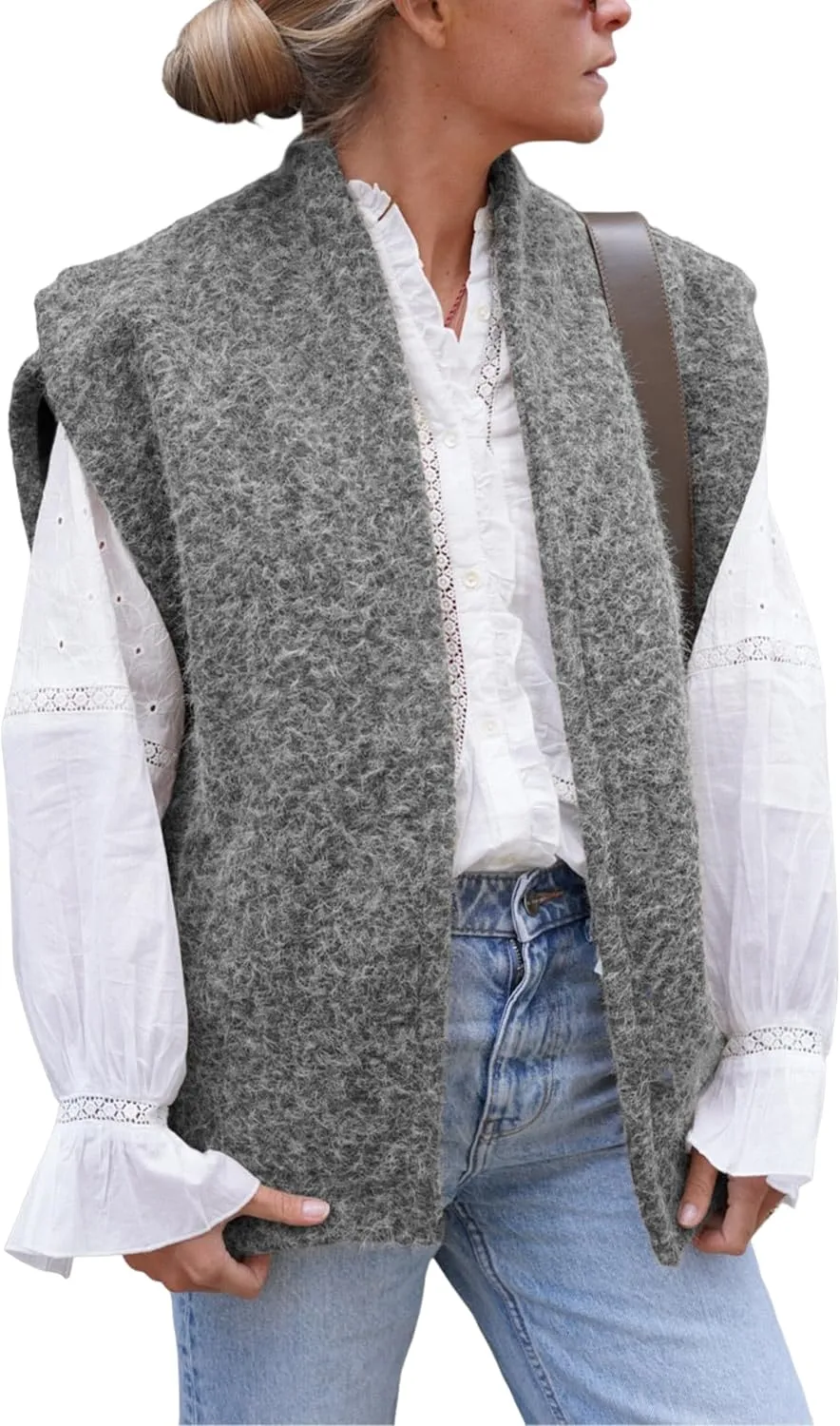 Lviefent Womens Brushed Vest Faux Fur Cap Sleeve Open Front Gilet Sleeveless Jacket Outwear with Pockets