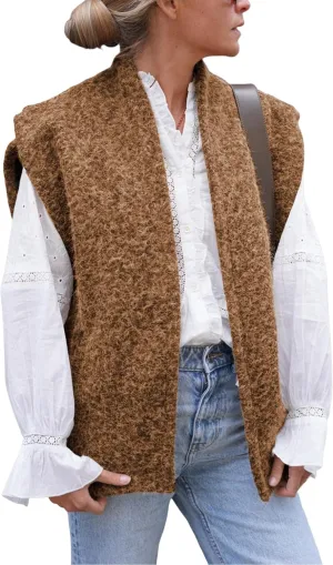 Lviefent Womens Brushed Vest Faux Fur Cap Sleeve Open Front Gilet Sleeveless Jacket Outwear with Pockets