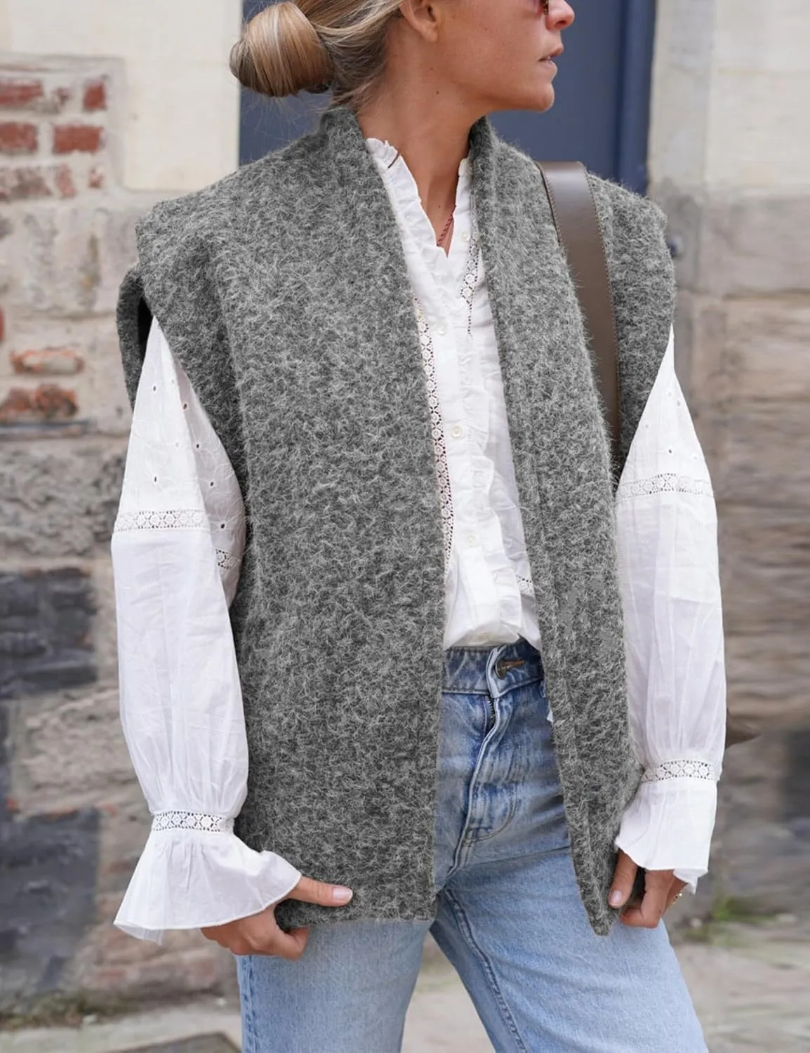 Lviefent Womens Brushed Vest Faux Fur Cap Sleeve Open Front Gilet Sleeveless Jacket Outwear with Pockets