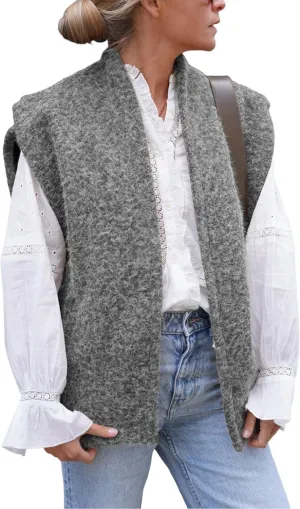 Lviefent Womens Brushed Vest Faux Fur Cap Sleeve Open Front Gilet Sleeveless Jacket Outwear with Pockets