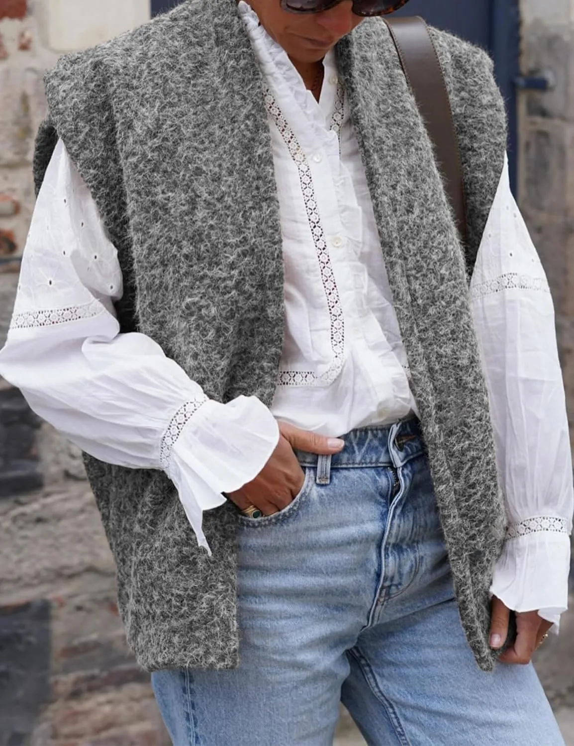 Lviefent Womens Brushed Vest Faux Fur Cap Sleeve Open Front Gilet Sleeveless Jacket Outwear with Pockets