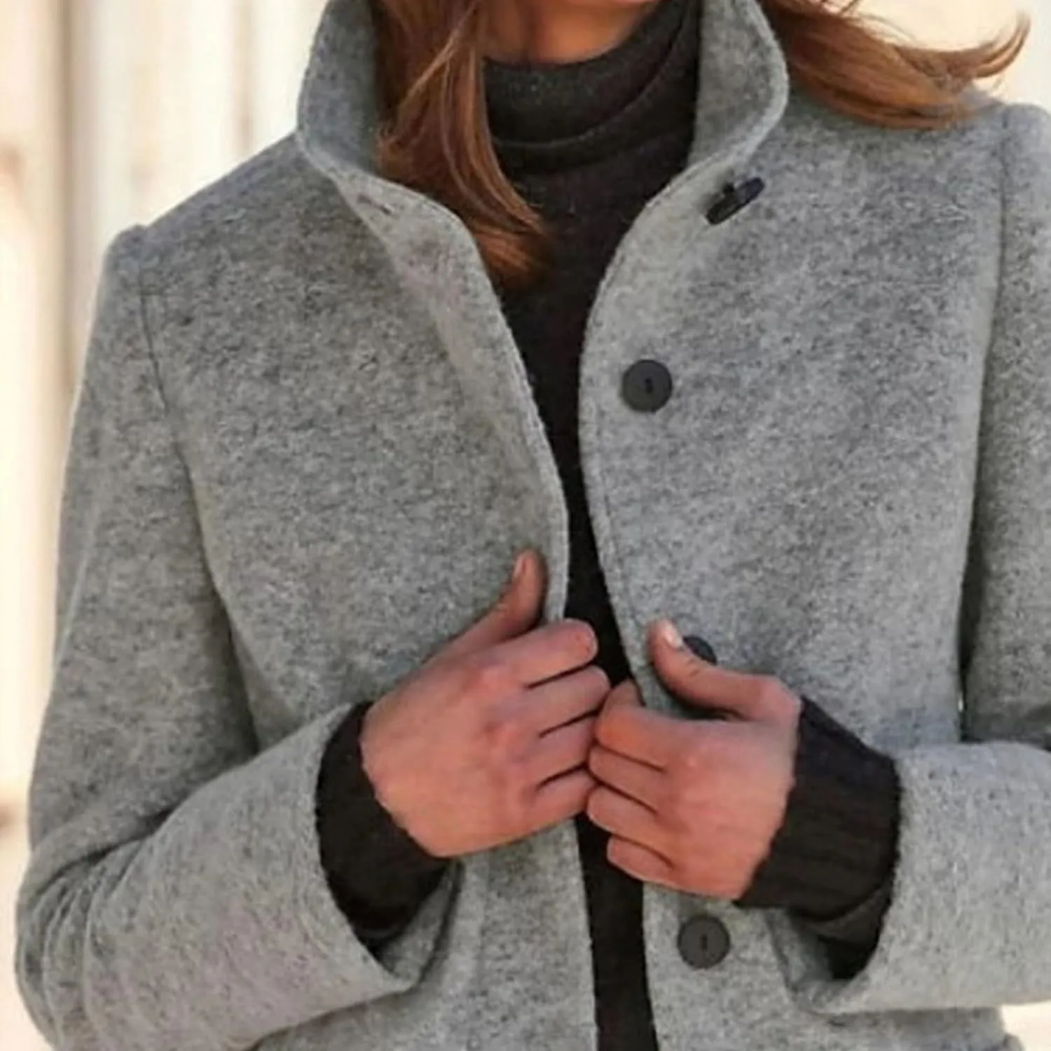 Maiyifu-GJ Womens Elegant Single Breasted Wool Trench Coat Casual Stand Collar Slim Fit Jacket Fall Long Sleeve Cardigan