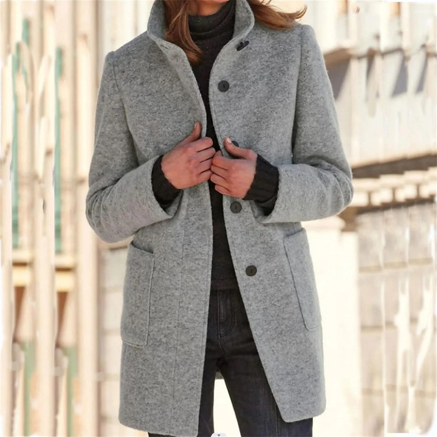 Maiyifu-GJ Womens Elegant Single Breasted Wool Trench Coat Casual Stand Collar Slim Fit Jacket Fall Long Sleeve Cardigan